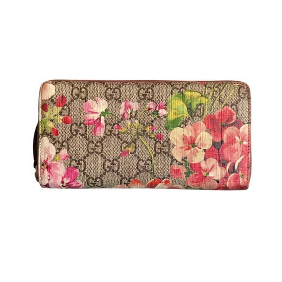 Authentic GUCCI GG Supreme Floral Blooms Pink & Tan Large Zippy Wallet with Box - Picture 6 of 12